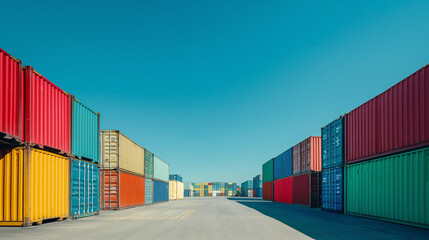 Container yard with a clear blue sky and ample ground space, focusing on global business logistics for freight carriers and cargo transportation
