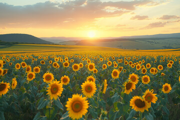 Fototapeta premium The image shows a serene sunset over a vast sunflower field under a picturesque sky