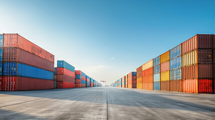 Fototapeta premium Container yard with a clear blue sky and ample ground space, focusing on global business logistics for freight carriers and cargo transportation