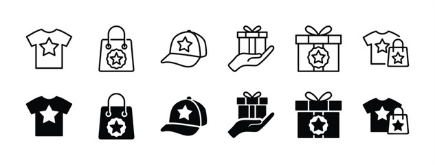 Merchandise or merch product thin line icon set. Containing t-shirt, shopping bag, hat, present gift. Vector illustration