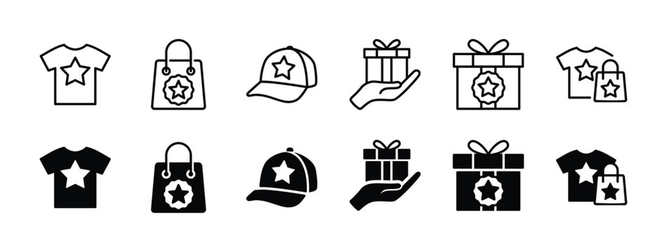 Merchandise or merch product thin line icon set. Containing t-shirt, shopping bag, hat, present gift. Vector illustration