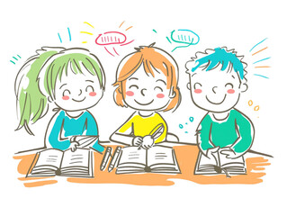 Children's drawing showing a group of children happily learning together.