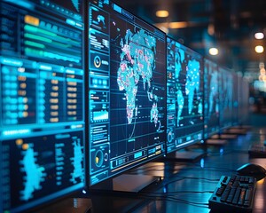 Cybersecurity War Room with Real Time Global Threat Mapping on Screens