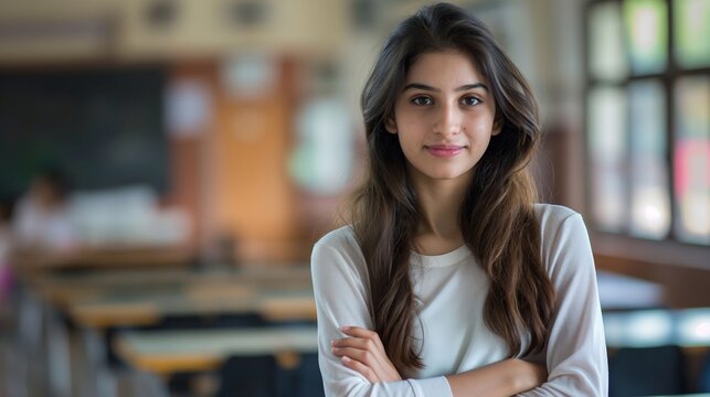 Confident young female Pakistani student standing in classroom, poised, confident posture, determined expression, academic setting, classroom environment.