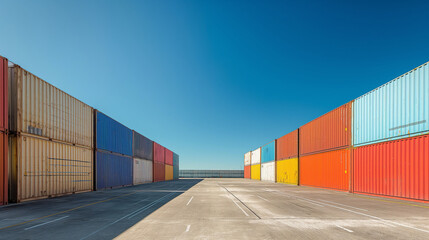 Container yard with a clear blue sky and ample ground space, focusing on global business logistics for freight carriers and cargo transportation