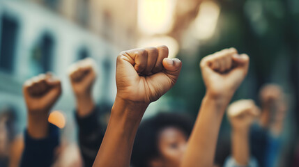 Raised Fists of Unity and Strength Against Sunlight