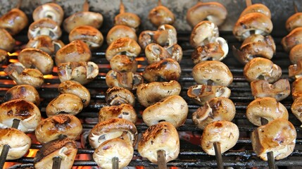 Grilled Mushrooms on Skewers Over Open Flame
