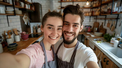 Young couple with aprons takes a selfie in the kitchen of their small family restaurant
