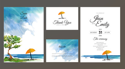 wedding invitation card, beach panorama, watercolor