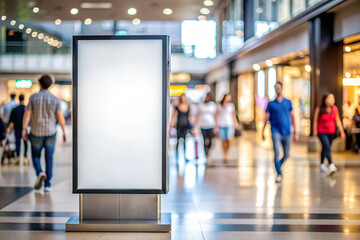 Fototapeta premium Display white blank screen or signboard mockup for offers or advertisement in public area with blurred people.