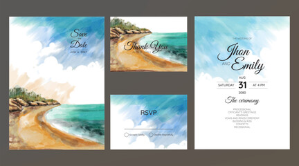 wedding invitation card, beach panorama, watercolor