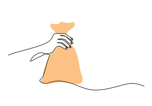 recommend clip art: Hand hold money bag continuous line drawing. Money saving investment and finance bank concept