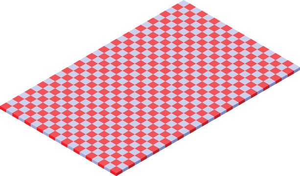 Red picnic blanket with square pattern lying on the ground isometric view