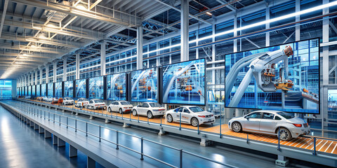 Naklejka premium Automated futuristic robotics electric cars factory production line as wide banners with statistics of production and efficiency. Banner. Panoramic view. Copy space.