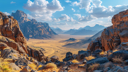 Scenic view of a valley surrounded by mountains, highlighting the natural beauty of Arabia