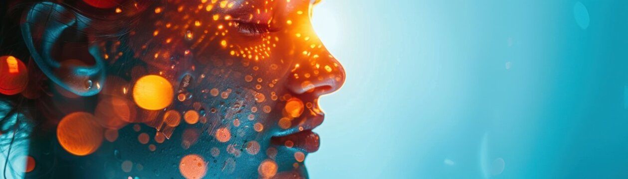 Abstract portrait with colorful bokeh and blue background.