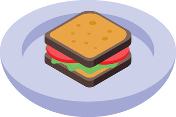 Isometric icon of a tasty sandwich with toasted bread, salad and tomatoes, lying on a plate