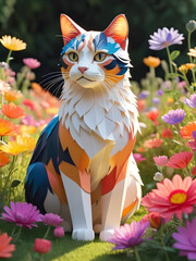 A mesmerizing paper cut animation of a mystical tricolor cat, its fur glistening in the sunlight as it gracefully prances through a field of vibrant flowers.Ai generatd