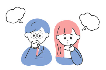 悩んでいるかわいいスーツの男女のイラスト