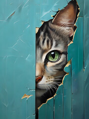 A whimsical painting of a curious cat peeking through a cracked door,Ai generatd