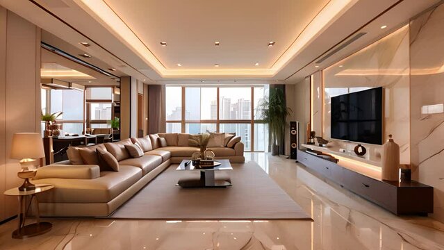 A modern living room with a large sectional sofa, a city view, and a sleek entertainment center with a flat screen TV. The room is decorated with warm colors and soft textures.