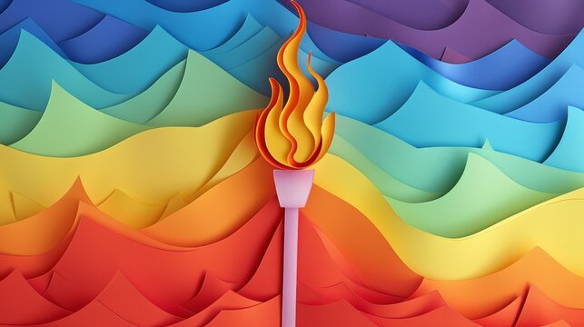 Olympic torch with glowing flame, victory hues gradient, paper cut art, bright and detailed.