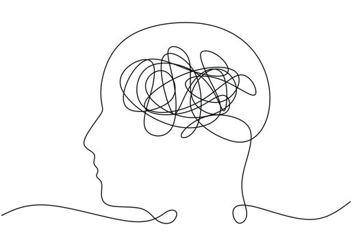recommend clip art: head with messy thoughts symbol continuous line drawing. Mental and psychology problems concept.