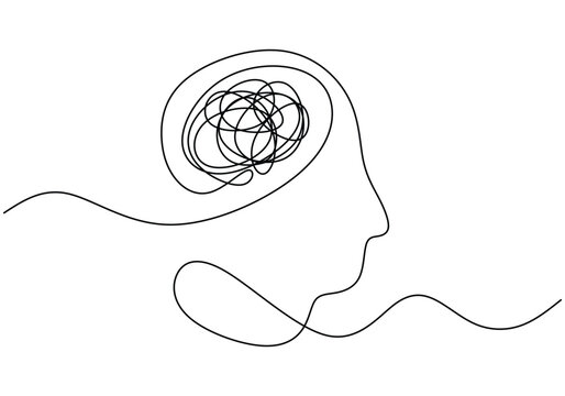 recommend clip art: head with messy thoughts symbol continuous line drawing. Mental and psychology problems concept.