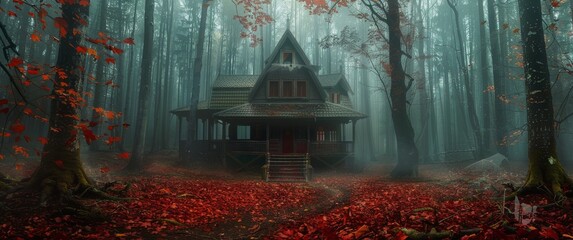 Foggy Forest Cabin With Red Leaves on a Dark Day