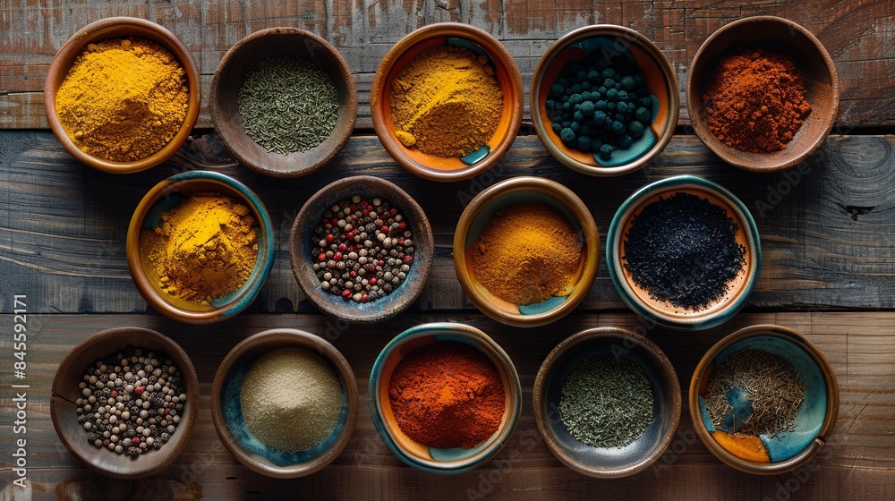 Poster a top-down view of colorful spices in ceramic bowls on a rustic wooden surface. generative ai