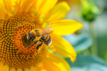 Close up a striped bee on a yellow sunflower for Summer and spring backgrounds banner