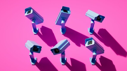 3d render. Wall-mounted security cameras on a pink wall, focused all directions. Metaphor of total control. Video monitoring