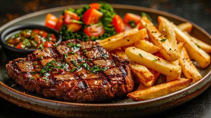Grilled steak with roasted potatoes sprinkled with rosemary. Close-up view of grilled entrecote served with French fries and fresh herbs on dark grey plate.  Delicious dish in restaurant.