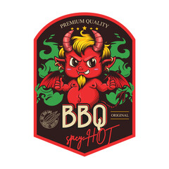 "BBQ. Spicy hot. Original. Premium quality" - Sauce design label. Vector illustration in engraving technique of cute little horned devil with wings. 