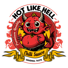 "Hot like Hell. Chili Sause. Original taste. Premium quality" - Sauce design label. Vector illustration in engraving technique of cute little horned devil with wings. 