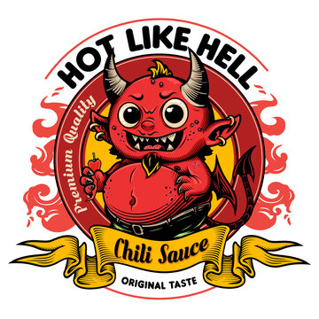 "Hot like Hell. Chili Sause. Original taste. Premium quality" - Sauce design label. Vector illustration in engraving technique of cute little horned devil with wings. 