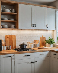 Fototapeta premium there is a kitchen with a sink, stove, and cabinets