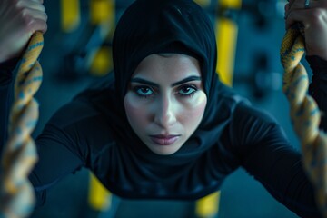woman wearing a black hijab focus at gym, training, fitness attire, pushing herself physically