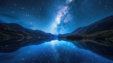 Naklejka premium Night Sky's Embrace: Milky Way's Magic Reflected in a Clear Lake