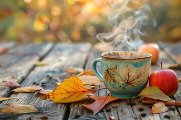 Warm apple cider in a steaming mug on a rustic tabletop, framed by vibrant fall foliage.