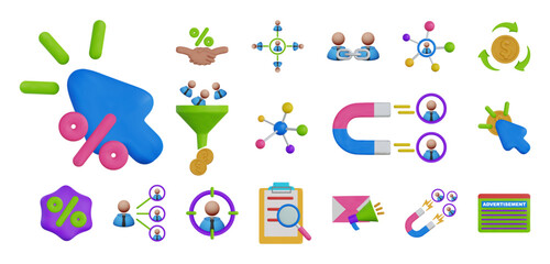 3d Realistic Affiliate Marketing Icon. 3d Funnel Icon. 3d Lead Icon. 3d Cpc Icon.