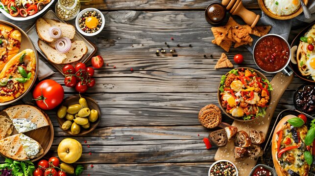 Global Gastronomy: Assorted Iconic International Foods Displayed on Rustic Wooden Table with Copy Space