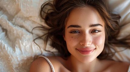 Naklejka premium Young pretty woman lying in bed, enjoying a peaceful morning wakeup, smiling softly