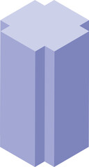 Simple 3d purple rectangular cuboid with an extruded top is standing vertically on a white background