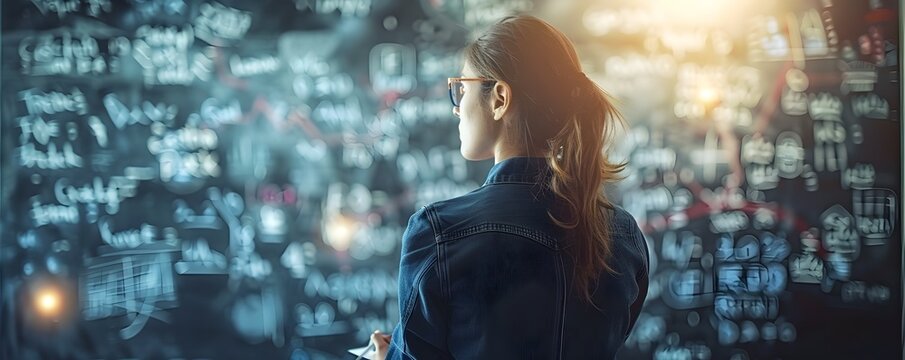 Teacher explaining complex math problem on digital blackboard for interactive teaching and learning concept