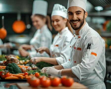 Chef students mastering the art of cooking in culinary school kitchen