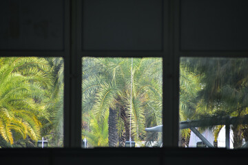 Naklejka premium Looking from window with beautiful scene, city scene. Building structure. 