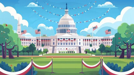 Colorful illustration of iconic American landmarks decorated for Patriotic Day celebrations