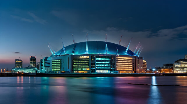 During the blue hour, the O2 Arena in London stands out impressively against the darkening horizon.