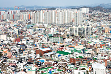 View of the snow-covered city